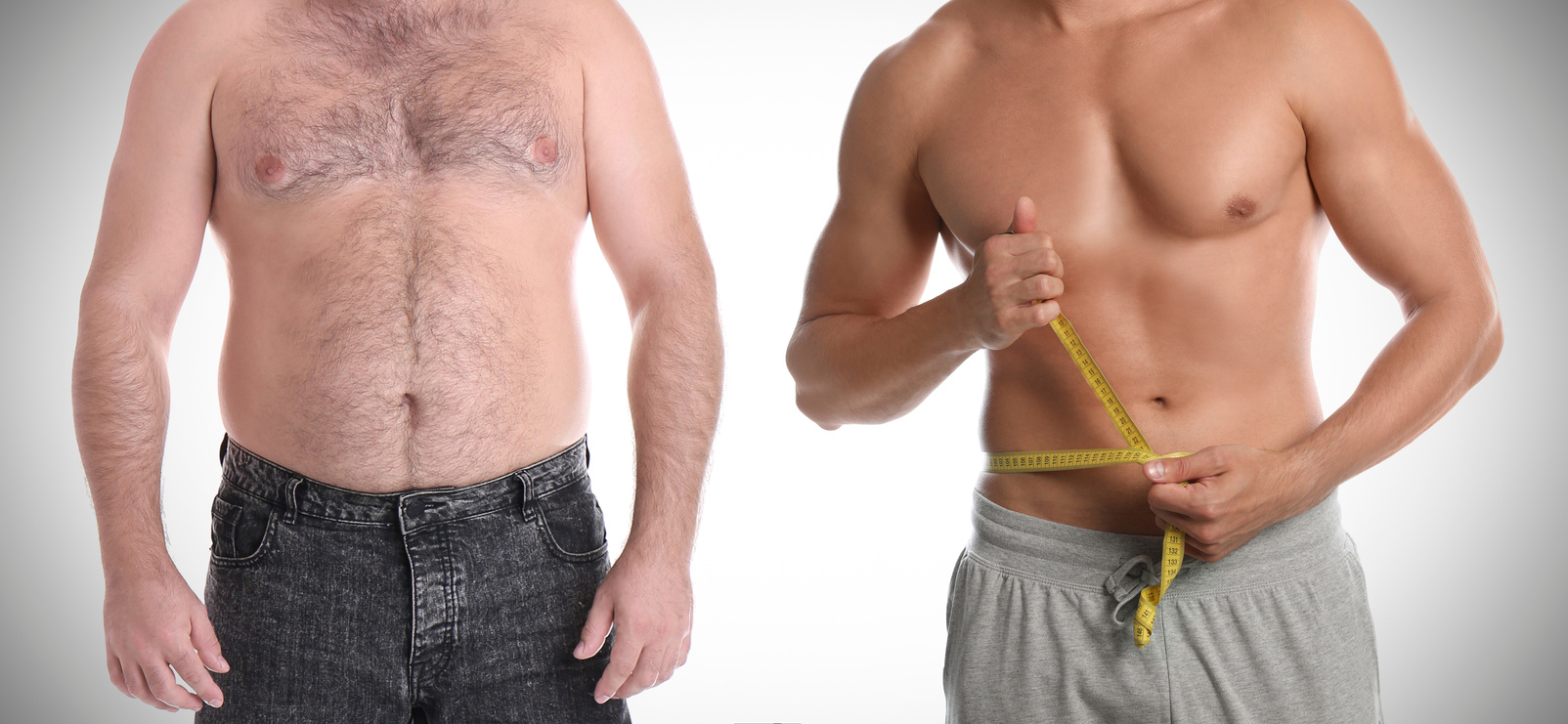 Slim and  Men on Light Background, Closeup. Banner Design